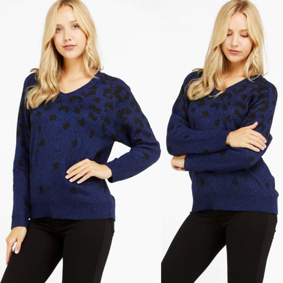 Love Tree Sweaters - Dark Blue Black Leopard Warm Cozy V-Neck Sweater